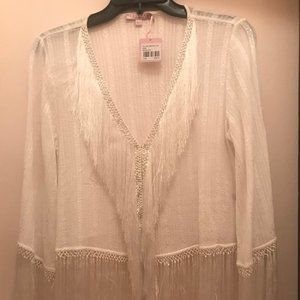 White Semi Sheer Fringe L/S Top